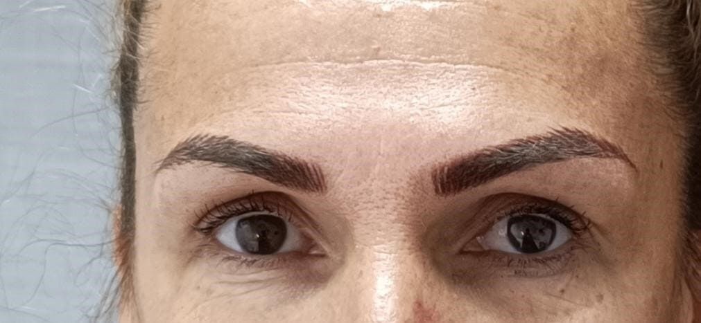 Primer plano del rostro de una persona con cejas oscuras y rellenas y ojos oscuros.