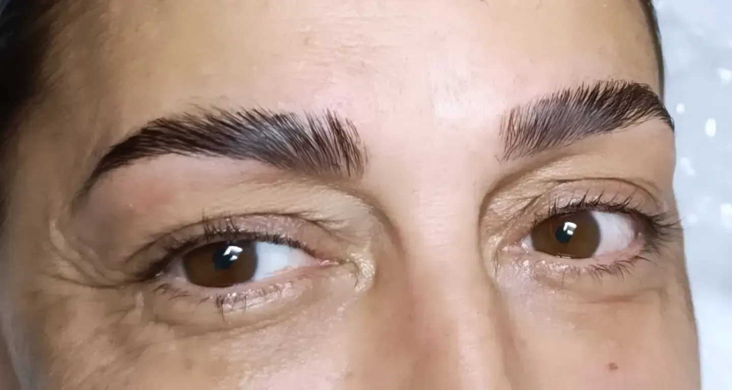 Primer plano de una persona con ojos marrones y cejas oscuras, arqueadas y recién peinadas.