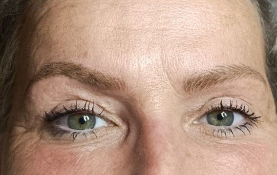 Primer plano de una mujer de piel clara, ojos azules y cejas de color marrón oscuro y bien definidas.