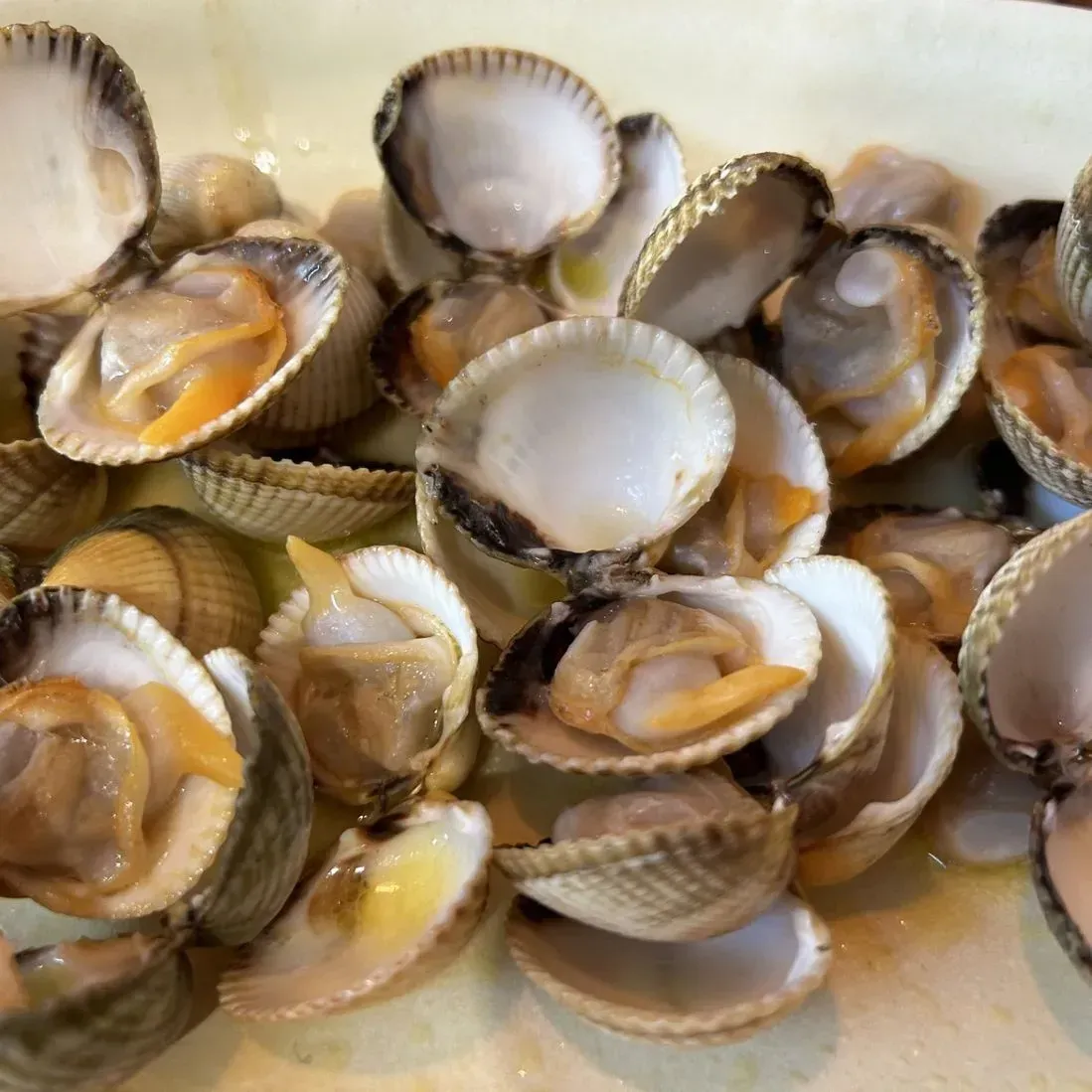 Un montón de almejas en un plato blanco