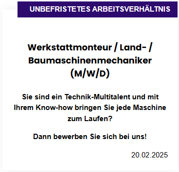 Stellenausschreibung für eine unbefristete Stelle als Werkstatt-, Landwirtschafts- oder Baumaschinenmechaniker (m/w/d).