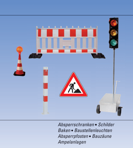Verschiedene Sicherheitsausrüstungen für Baustellen, darunter Absperrung, Verkehrskegel, Ampel, Poller und Gefahrenschild.