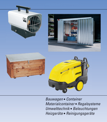 Collage von Industrieanlagen, darunter eine Heizung, ein Lagerbehälter, eine Holztruhe und ein Hochdruckreiniger, mit Produktliste.