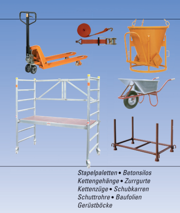 Bau- und Lagerausrüstung, darunter ein Hubwagen, Gurte, ein Betonsilo, ein Gerüst, eine Schubkarre und Regale.