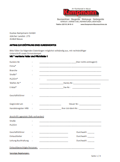 Antragsformular der Firma Kampmann zur Eröffnung eines neuen Kundenkontos, ausgedruckt auf weißem Papier.