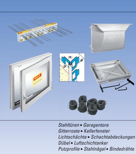 Eine Produktcollage aus Baumaterialien, darunter ein Fenster, ein Lichtschacht und Metalldrähte, mit einer Produktliste.