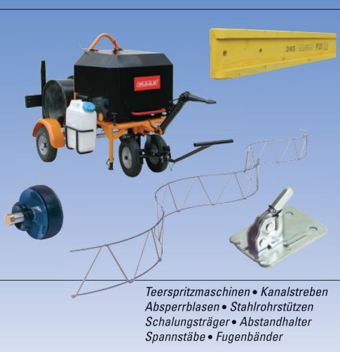 Sortiment an Baumaschinen: ein Sprühgerät, ein Balken, ein Drahtseil und Teile mit einem Text, der verschiedene professionelle Werkzeuge auflistet.