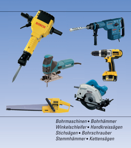 Eine Sammlung verschiedener Elektrowerkzeuge auf blauem Hintergrund, mit deutschem Text, der Kategorien wie Sägen und Bohrmaschinen auflistet.