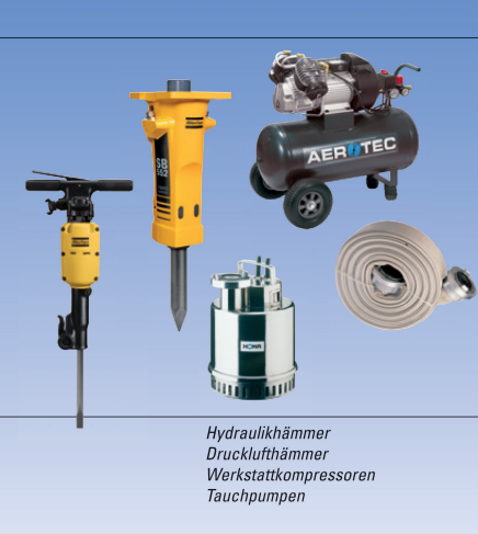 Zu den Werkzeugen gehören zwei gelbe Presslufthämmer, ein Aerotec-Luftkompressor, eine Tauchpumpe und ein zusammengerollter Feuerwehrschlauch vor einem blauen Hintergrund.