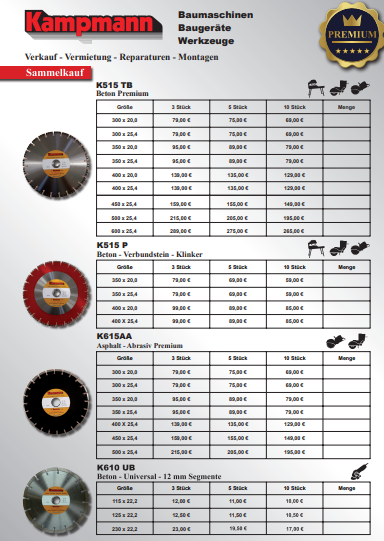 Preisliste für Kampmann Kreissägeblätter, kategorisiert nach Modell und Größe mit Spalten für mengenbasierte Preise.