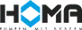 Logo für HOMA, bestehend aus schwarzem Text und einem blauen Sechseck-Symbol, darunter der Text „PUMPEN MIT SYSTEM“.