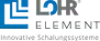 LOHR Element Logo: Ein blaues quadratisches Symbol mit drei weißen L-Formen neben dem Text 
