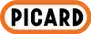 Das Wort „PICARD“ in fetter, schwarzer serifenloser Schrift, zentriert in einem orangefarbenen horizontalen Oval mit abgerundeten Enden.