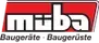 Logo mit dem weißen Text „müba“ auf rotem Hintergrund, darunter in Schwarz „Baugeräte · Baugerüste“.