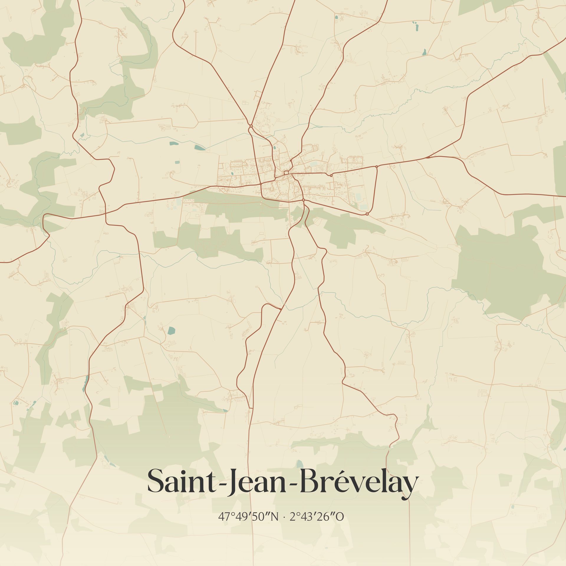 Carte de Saint-Jean-Brévelay montrant les routes et les espaces verts.