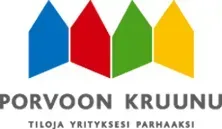 Logo of Porvoon Kruunu: colorful houses above text, "Porvoon Kruunu, tiloja yrityksesi parhaaksi" (spaces for your best business).