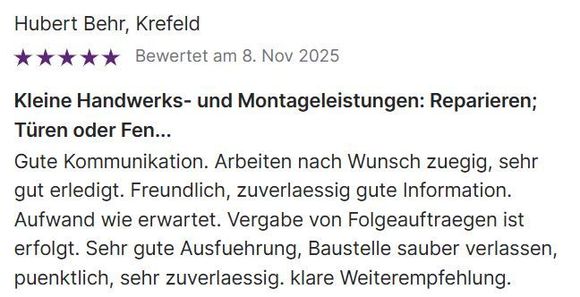 Deutsche Google-Rezension, die Handwerker- und Montagearbeiten lobt, 5 Sterne, datiert 8. November 2025