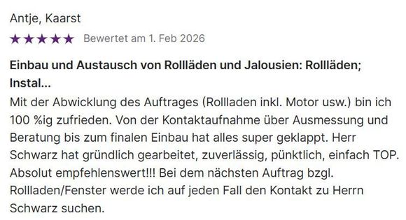 Deutsche 5-Sterne-Bewertung für die Installation und den Austausch von Rollläden durch die Schwarz GmbH
