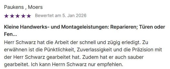 Deutsche 5-Sterne-Bewertung lobt Handwerkerleistungen im Bereich Reparaturen, Türen und Fenster für pünktliche, präzise 