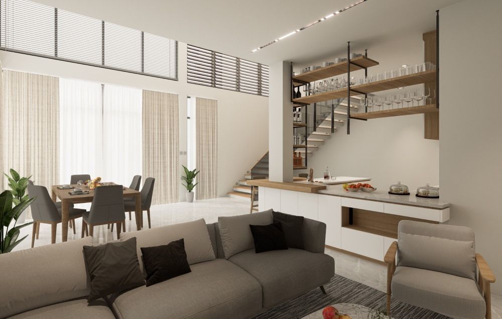 Modern open-plan living room and dining area with gray sofa, wood accents, and large windows