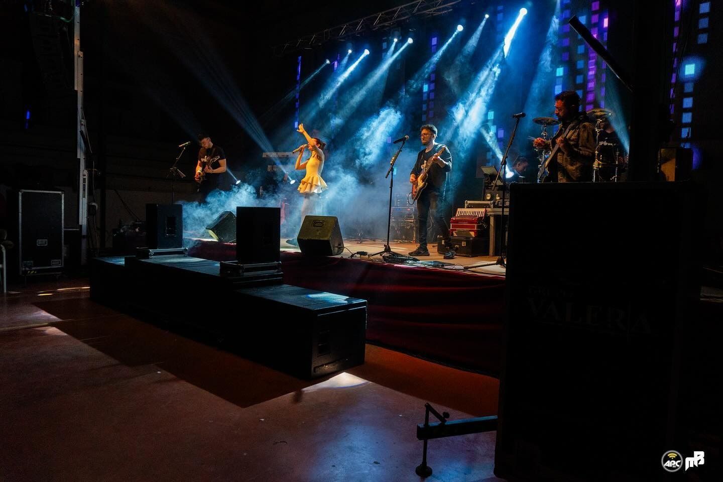 Un grupo de personas está tocando instrumentos en un escenario en un concierto.