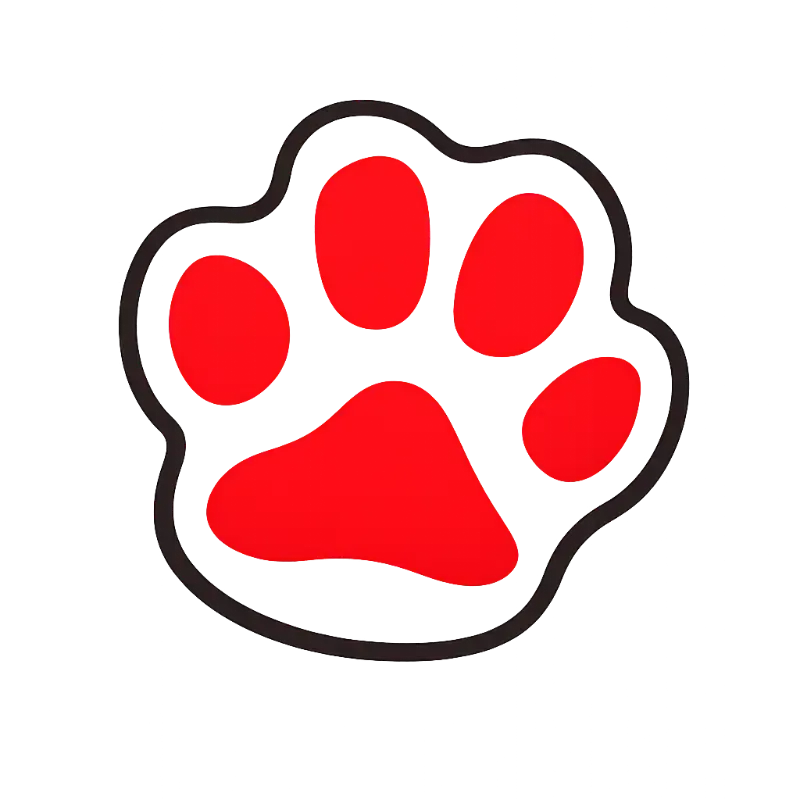 Una huella de pata de animal de dibujos animados roja con un contorno blanco sobre un fondo negro.