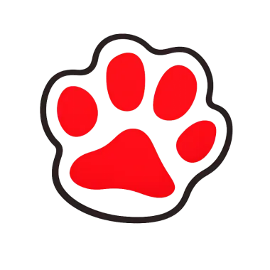 Una huella de pata de animal de dibujos animados roja con un contorno blanco sobre un fondo negro.