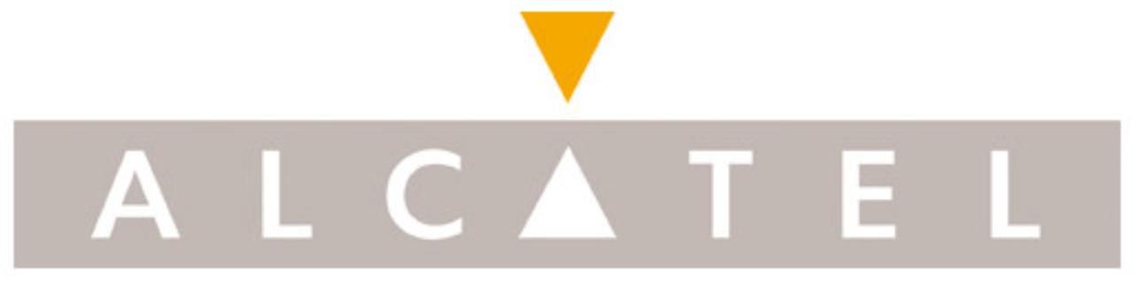 Un logotipo para Alcatel con un triángulo en el medio.