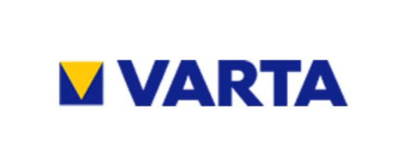 Un logotipo de Varta azul y amarillo sobre un fondo blanco