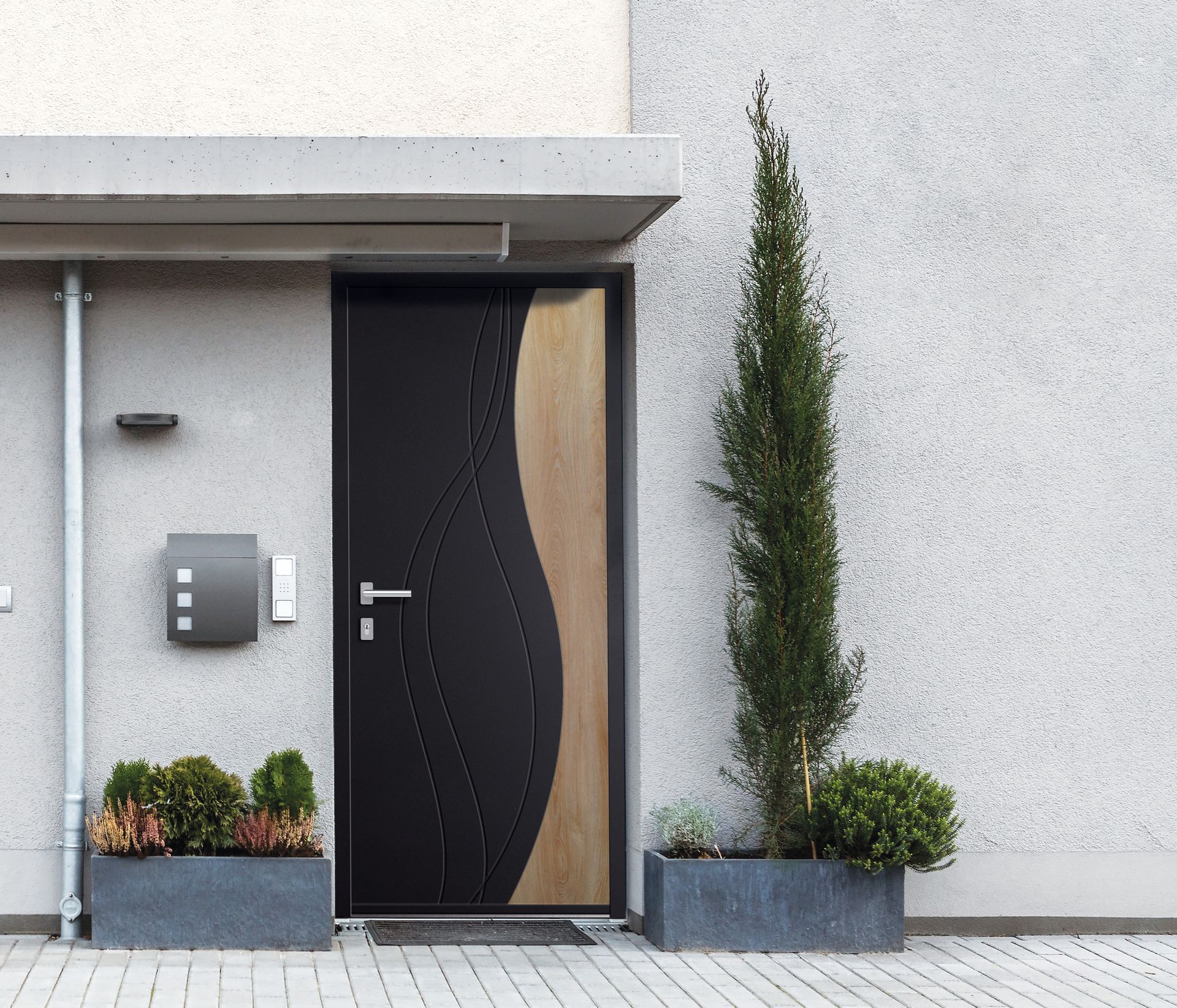 Porte d'entrée noire et bois