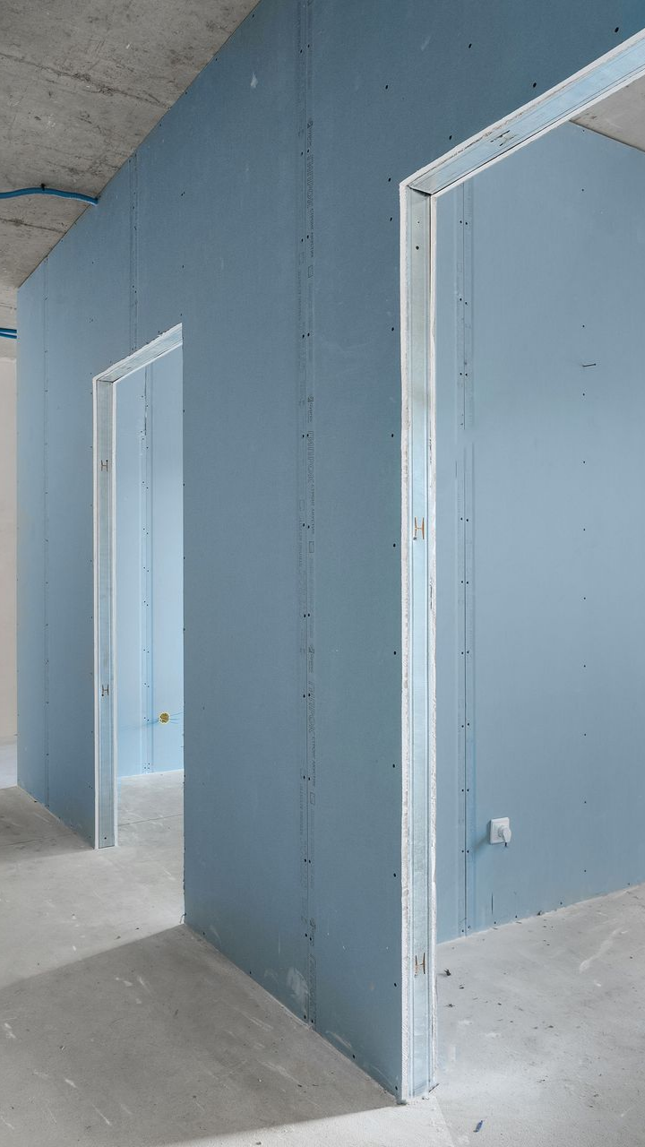 Aménagement intérieur : Murs en plaques de plâtre bleues avec encadrements de porte dans une pièce au sol en béton.