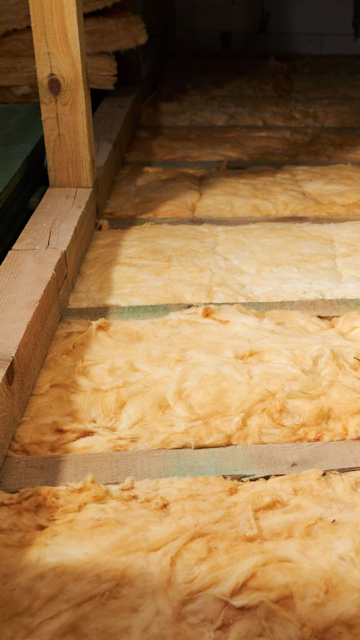 Isolation entre les poutres en bois dans un grenier non aménagé.