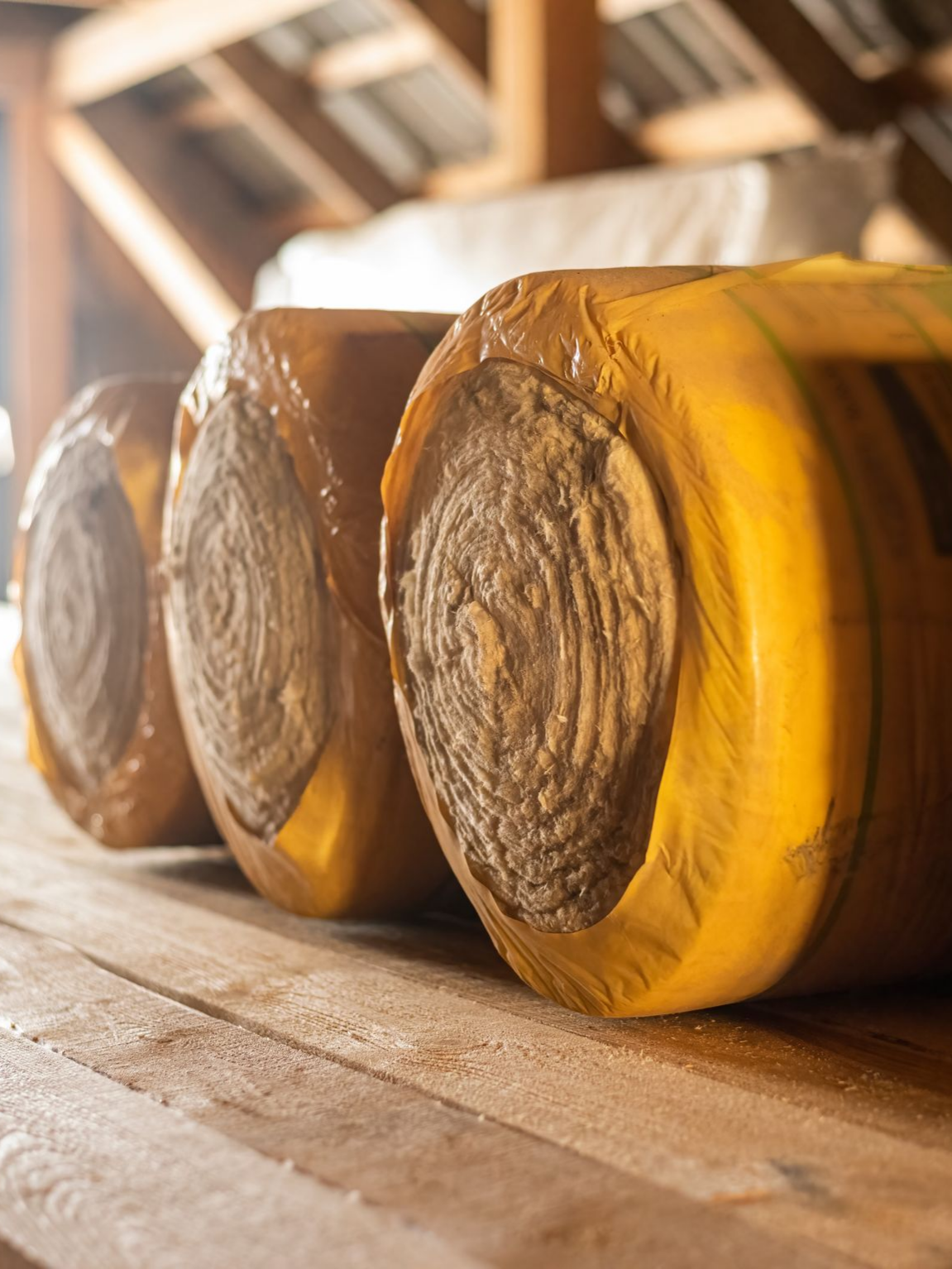 Trois rouleaux cylindriques enveloppés dans du plastique jaune sont posés sur une surface en bois.