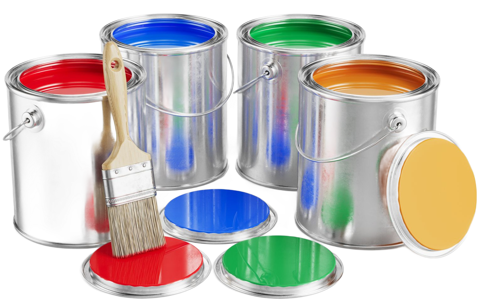 Pots de peinture contenant de la peinture rouge, bleue, verte et orange.