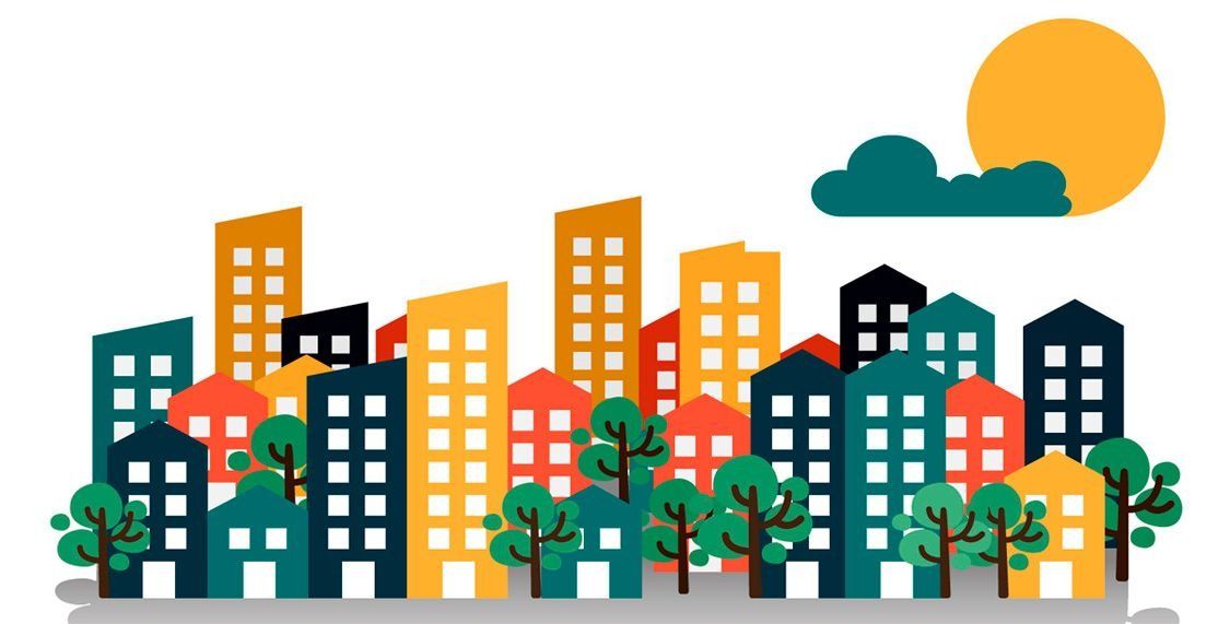 Horizonte de la ciudad con edificios coloridos, árboles, sol y una nube.
