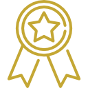 Une icône dorée représentant un badge circulaire avec une étoile au centre et deux rubans qui pendent.