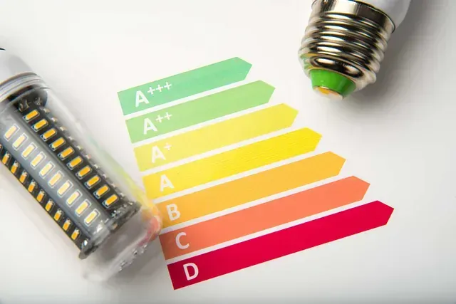 Dos bombillas LED junto a una etiqueta de eficiencia energética, con A+++ en la parte superior y D en la parte inferior.