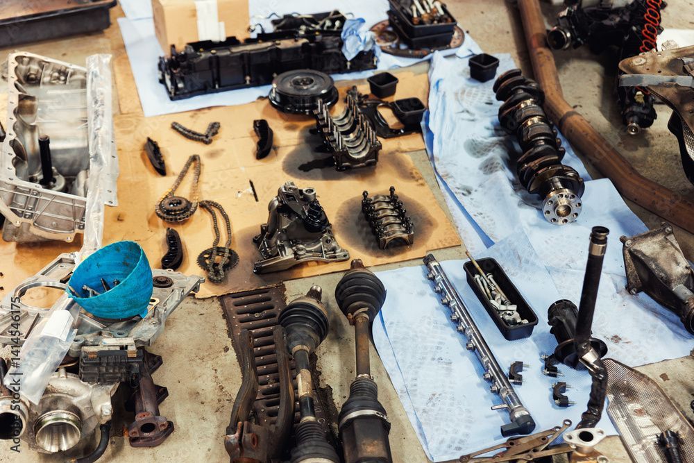 Motorkomponenten und -teile, die auf dem Werkstattboden demontiert sind.