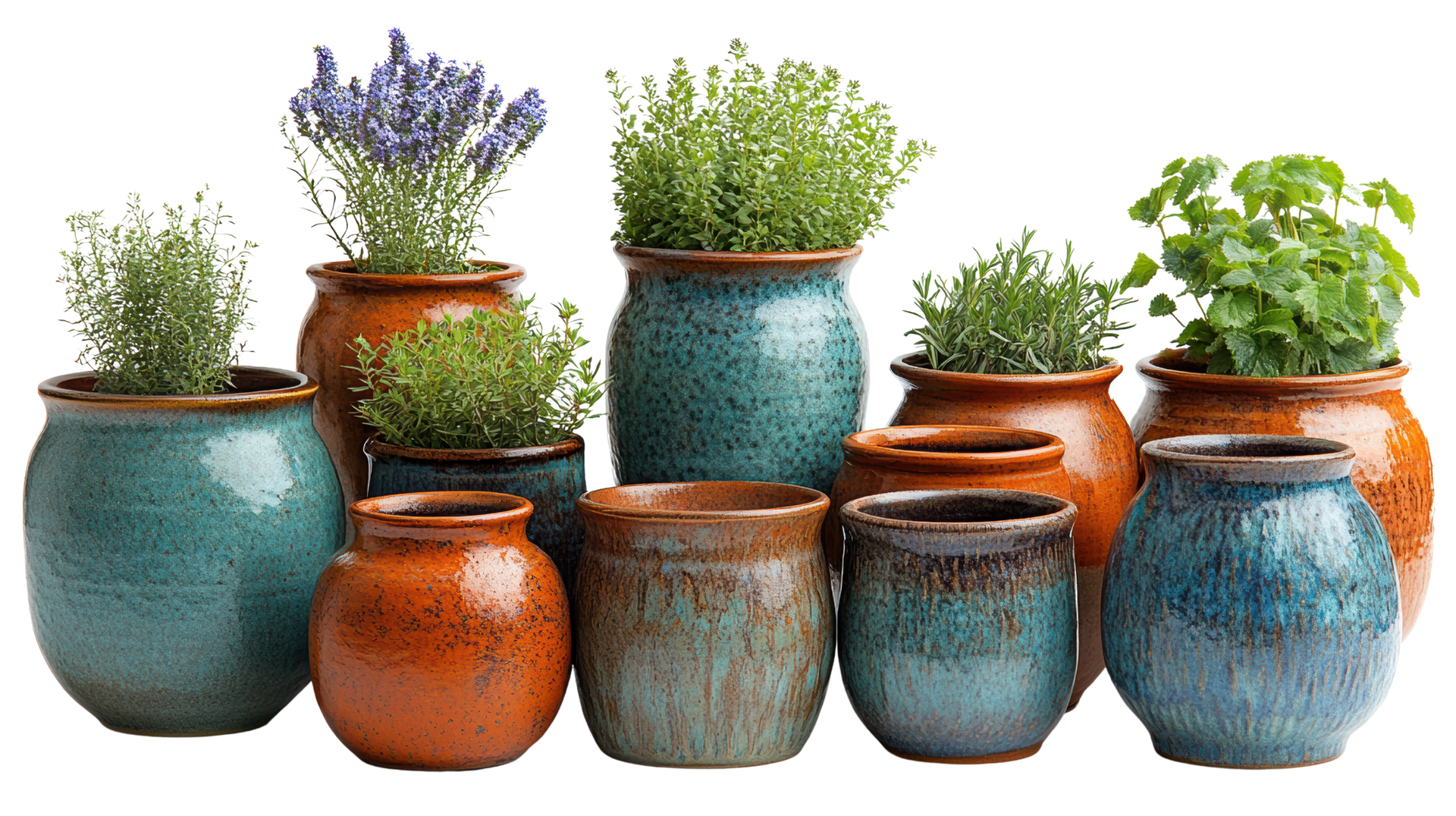 Dix pots en céramique colorés, chacun avec une herbe ou une fleur différente, disposés sur un fond blanc.