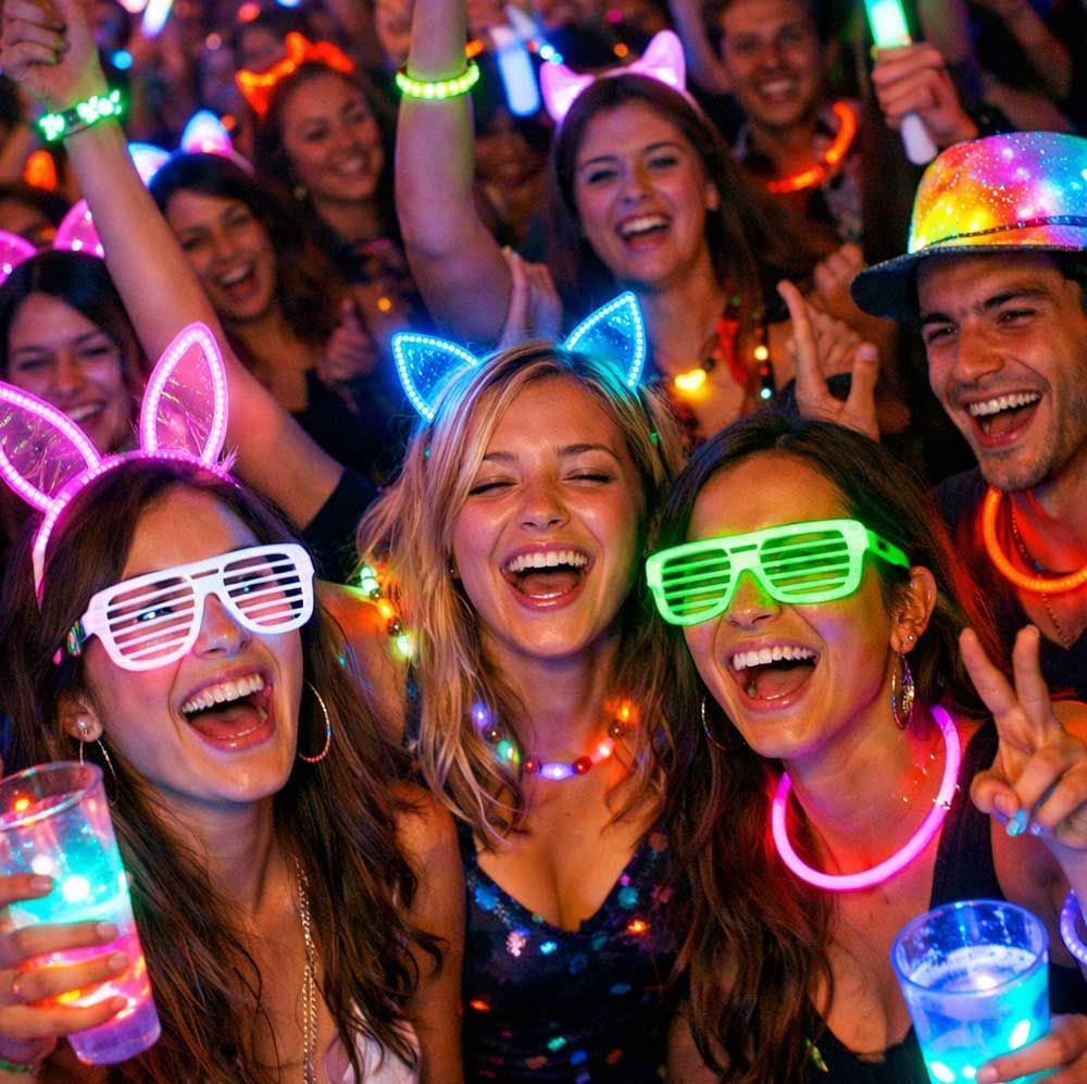 Personas en una fiesta usando barras luminosas, gafas y accesorios, sonriendo y riendo.