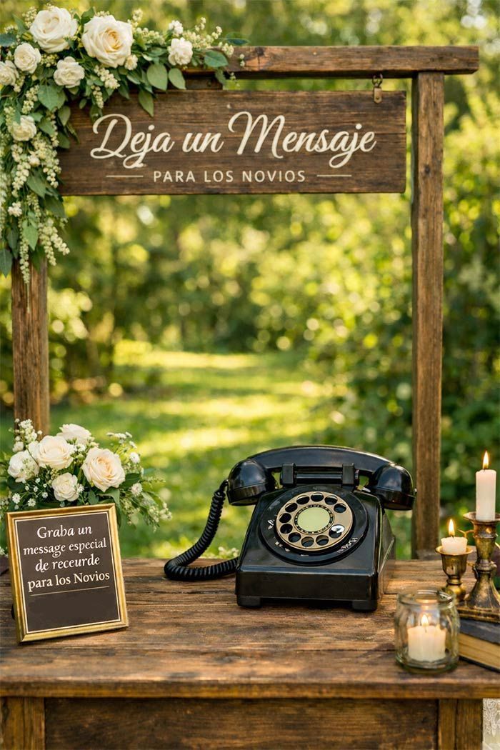 Preparación del libro de firmas de boda: teléfono vintage sobre mesa de madera con el cartel 