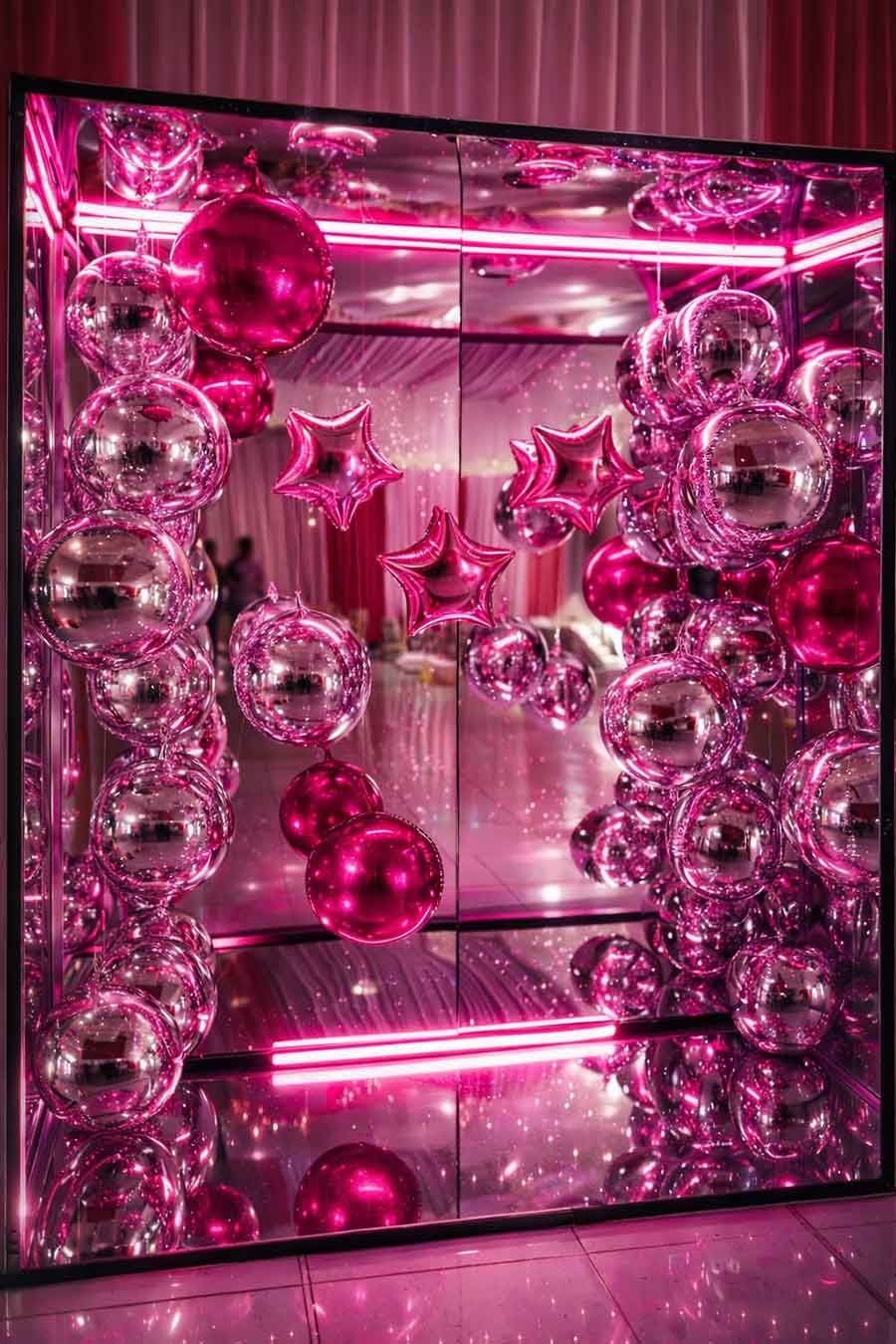 Exhibición espejada llena de globos rosados ​​y plateados y globos en forma de estrella, iluminados por luces de neón rosas.