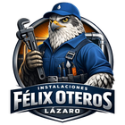 Logo de plomero con &aacute;guila en uniforme azul y herramientas, texto &ldquo;Instalaciones F&eacute;lix Oteros L&aacute;zaro&rdquo;.