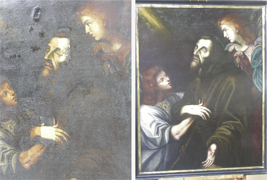 Restauração de pintura antes e depois: Cena religiosa com figuras, tons escuros e restauração clara revelando detalhes.
