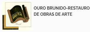 Logo with a gold and brown scroll and the words "OURO BRUNIDO-RESTAURO DE OBRAS DE ARTE".