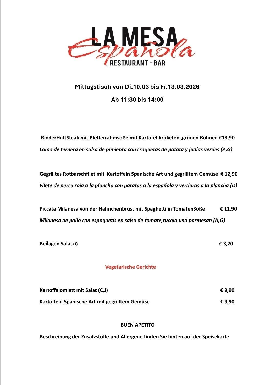 Mittagskarte La Mesa Espanola