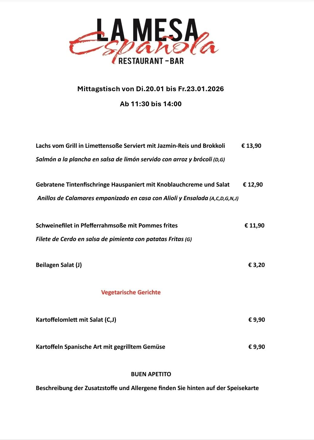 Mittagskarte La Mesa Espanola