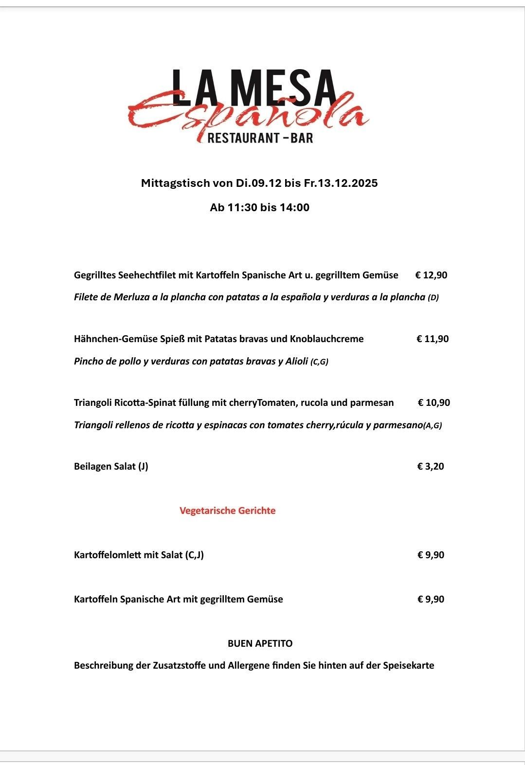 Mittagskarte La Mesa Espanola