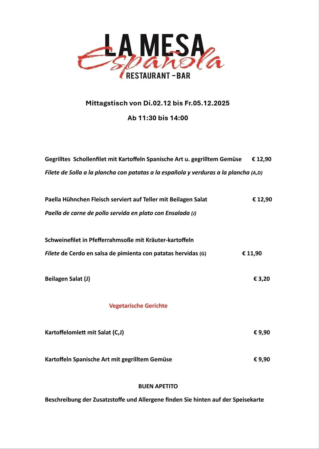 Mittagskarte La Mesa Espanola