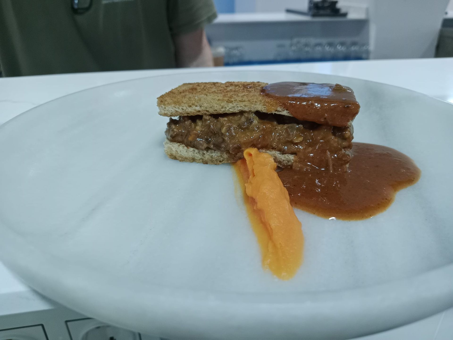 Un plato blanco con un sándwich y salsa encima.